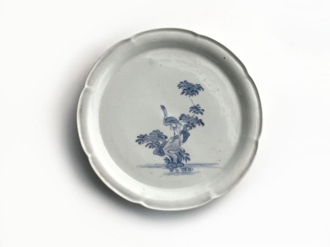 骨董　アンティーク　藍柿右衛門　染付　花鳥文　輪花七寸皿　白磁　古伊万里　藍九谷