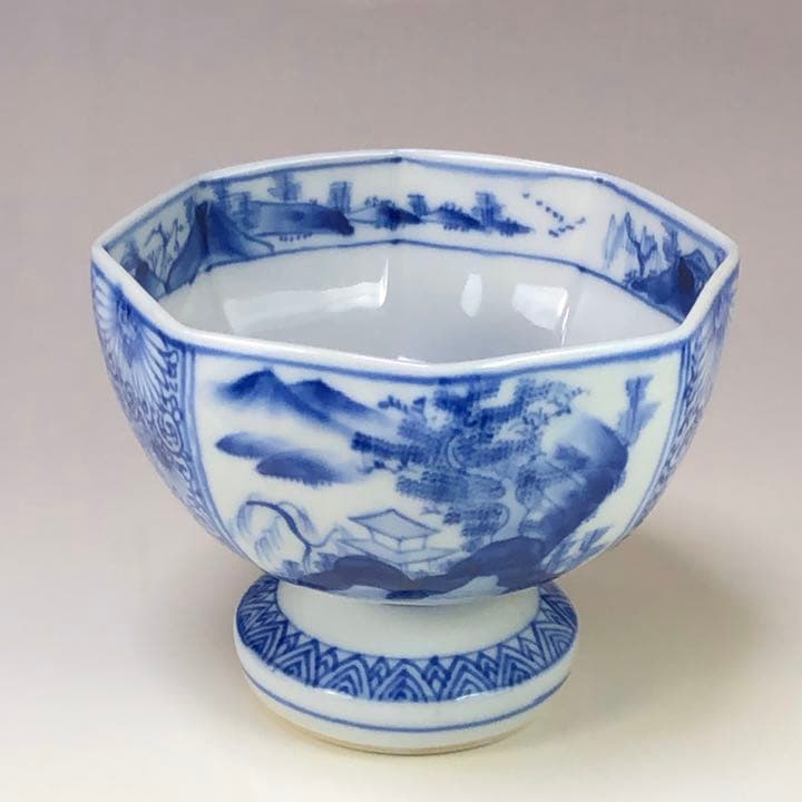 九谷焼染付け間取山水花唐草文八角高足盃洗杯洗