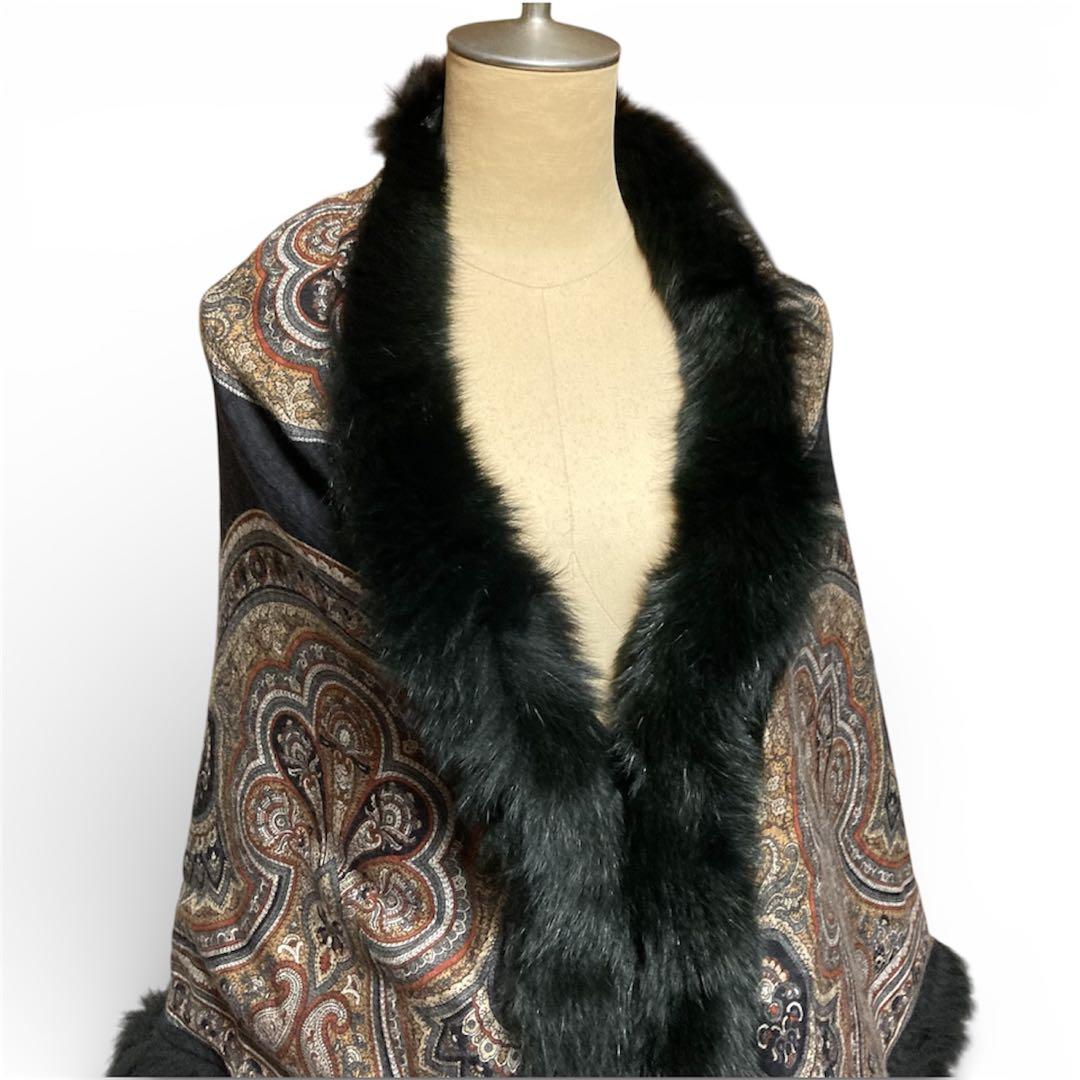 ファー　ショール　ストール　黒　ペイズリー柄　ウール　シルク混　フォックス　大判