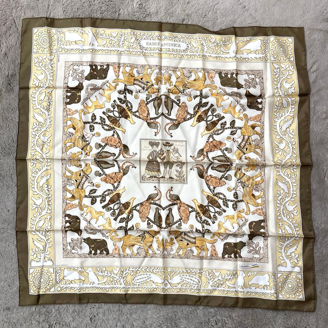 HERMES　スカーフ　カレ90　EARLY AMERICA 動物柄　茶系