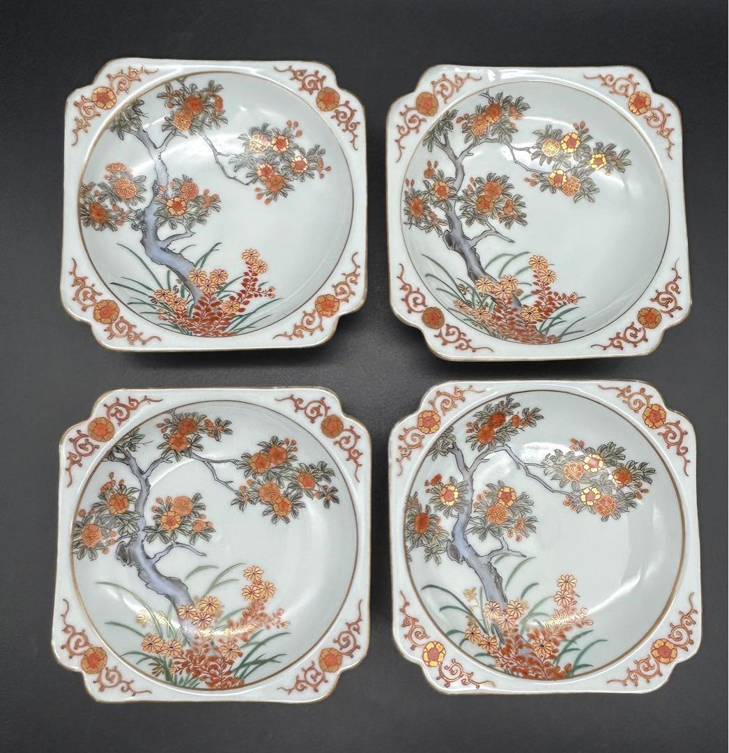 陶器　九谷焼　福栄堂製　金彩花風景　小皿　4枚 アンティーク　骨董　希少品