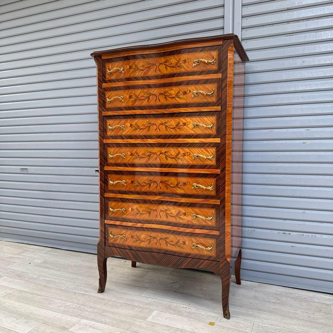 イタリア　7段　7杯　ハイチェスト　猫脚　象嵌細工