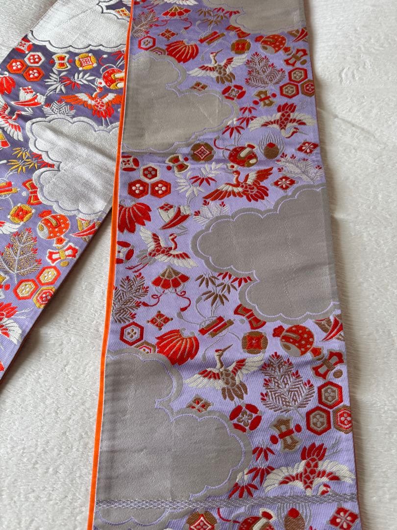 七五三に★正絹子供用袋帯　薄紫に雲取りと吉祥文　鶴