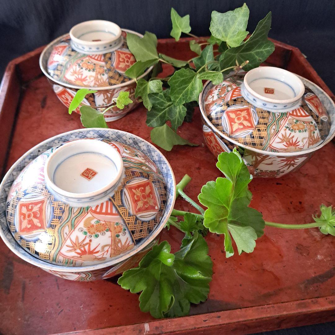 「蓋茶碗の色絵とフォルムを楽しむ！」 古伊万里茶碗(直径11.5cm)3客セット