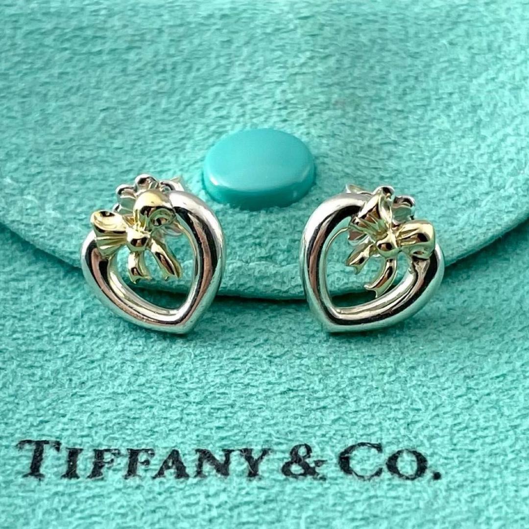 オールドティファニー リボン ハート ピアス コンビ 750 925 P9fe